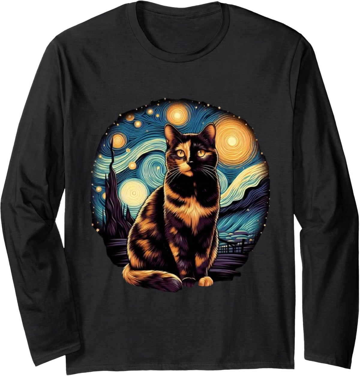 Tortoiseshell Tortie Starry Night Kitty Cat Art Long Sleeve T-Shirt - Adult Unisex Black