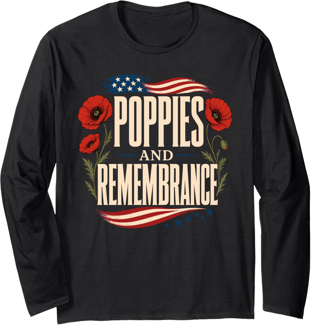 Poppies and Remembrance Flag Memorial Day Long Sleeve T-Shirt - Adult Unisex Black
