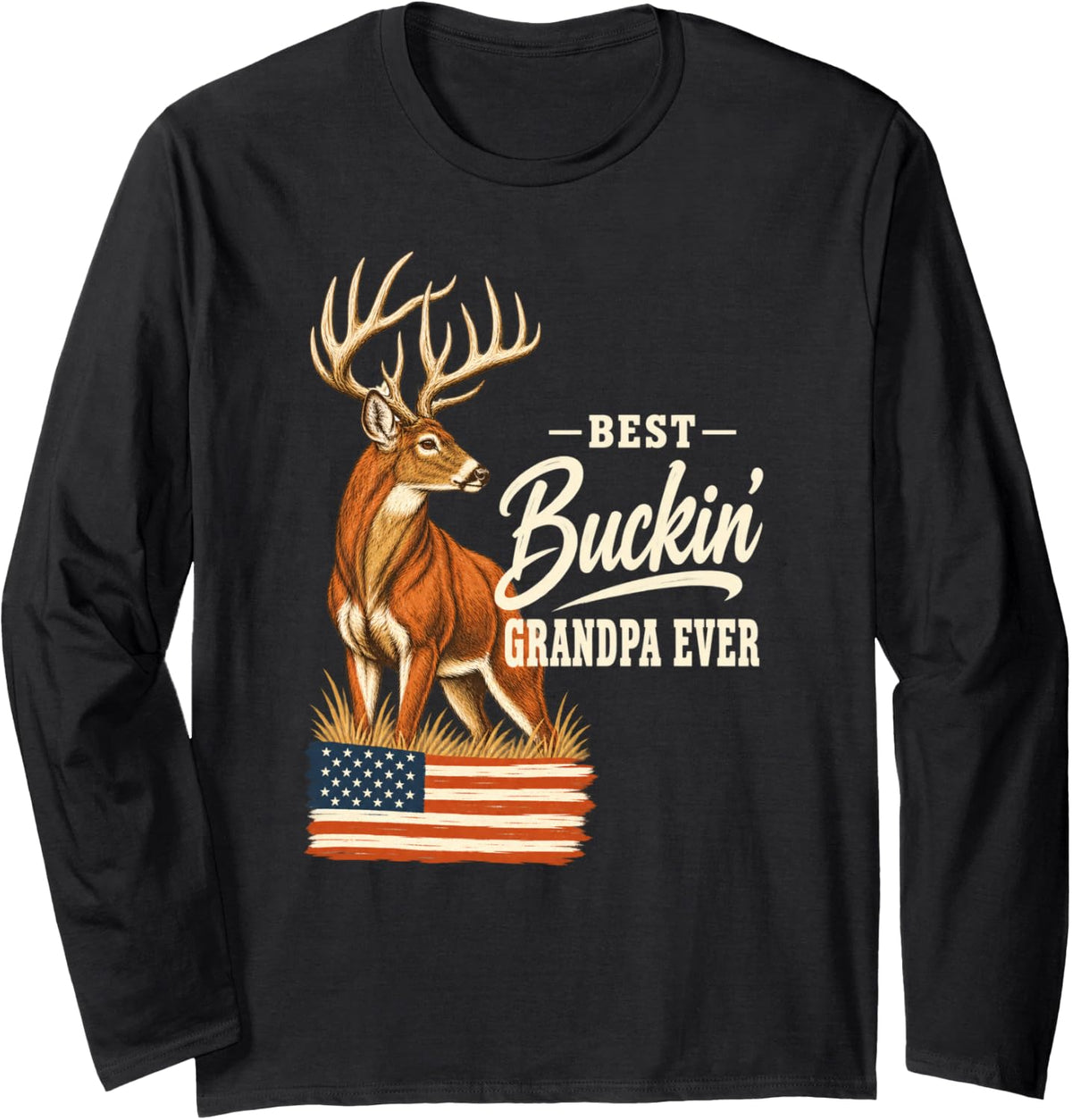Best Buckin' Grandpa Ever Deer Hunting American Flag Long Sleeve T-Shirt - Adult Unisex Black