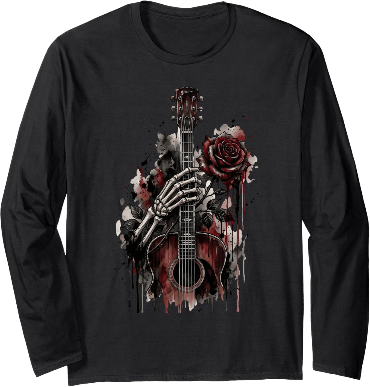 Skeleton Hand Holding Guitar Musician Acoustic Guitar Long Sleeve T-Shirt - Adult Unisex Black