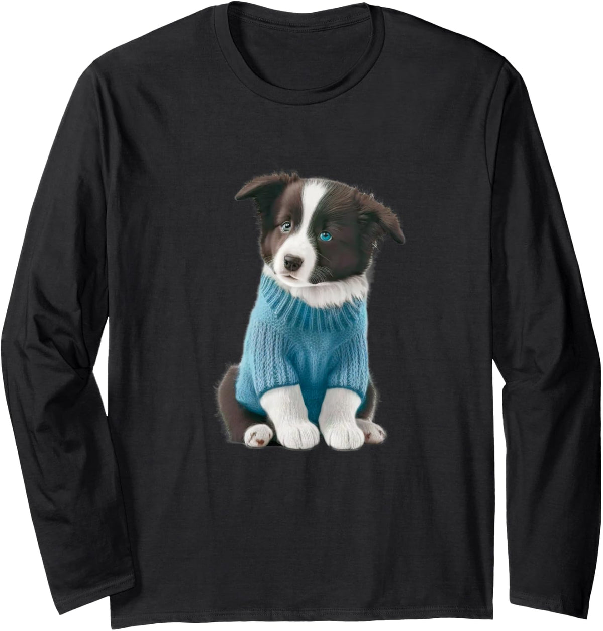 Cute Border Collie in A Blue Sweater Long Sleeve T-Shirt - Adult Unisex Black