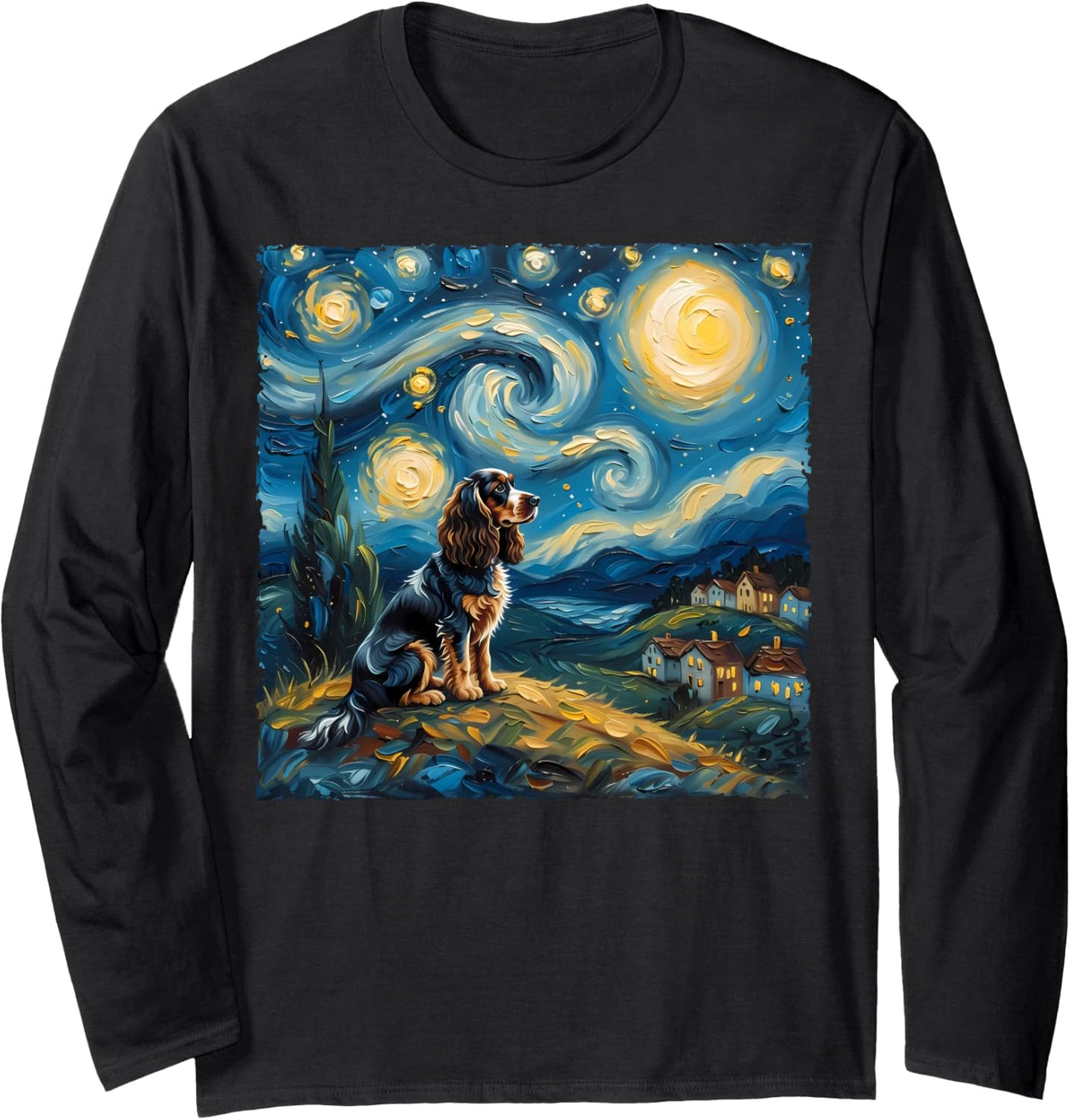 Cocker Spaniel Dog Lovers Starry Night Van Gogh Style Art Long Sleeve T-Shirt - Adult Unisex Black
