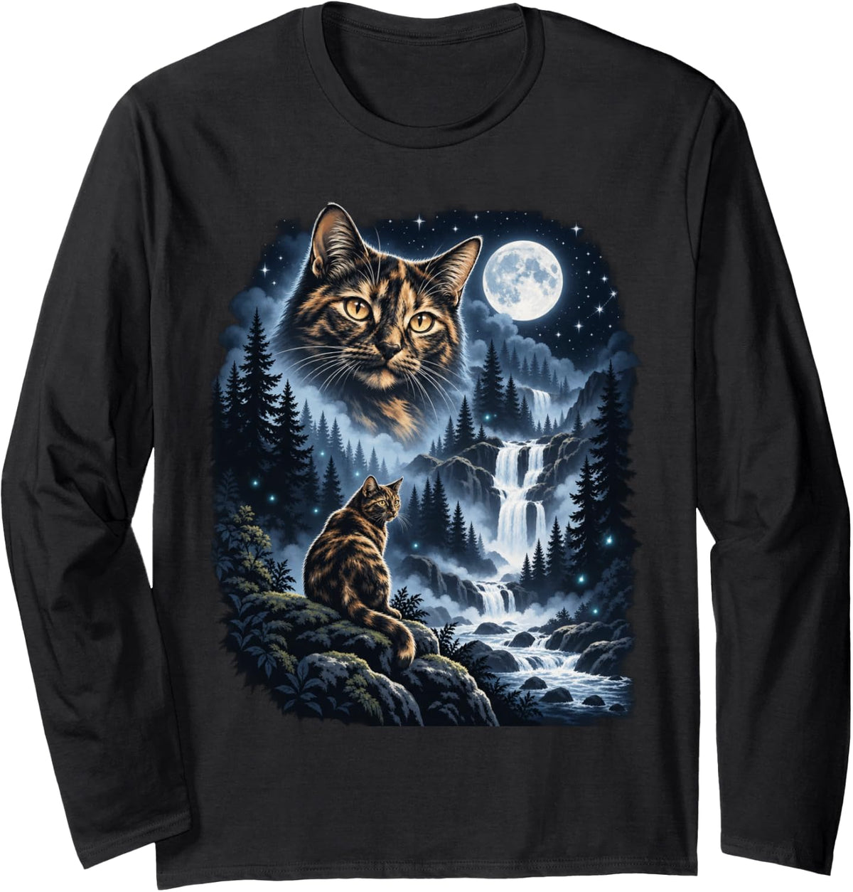 Tortoiseshell Tabby Spirit Cat Night Forest Long Sleeve T-Shirt - Adult Unisex Black