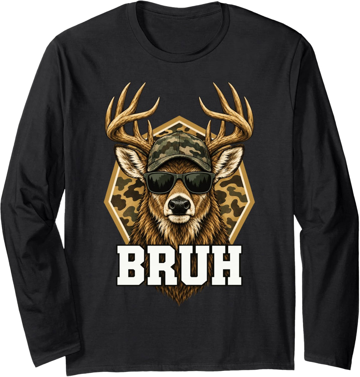 Bruh Deer Funny Deer Hunting Camo Hat Youth Men Women Slang Long Sleeve T-Shirt - Adult Unisex Black
