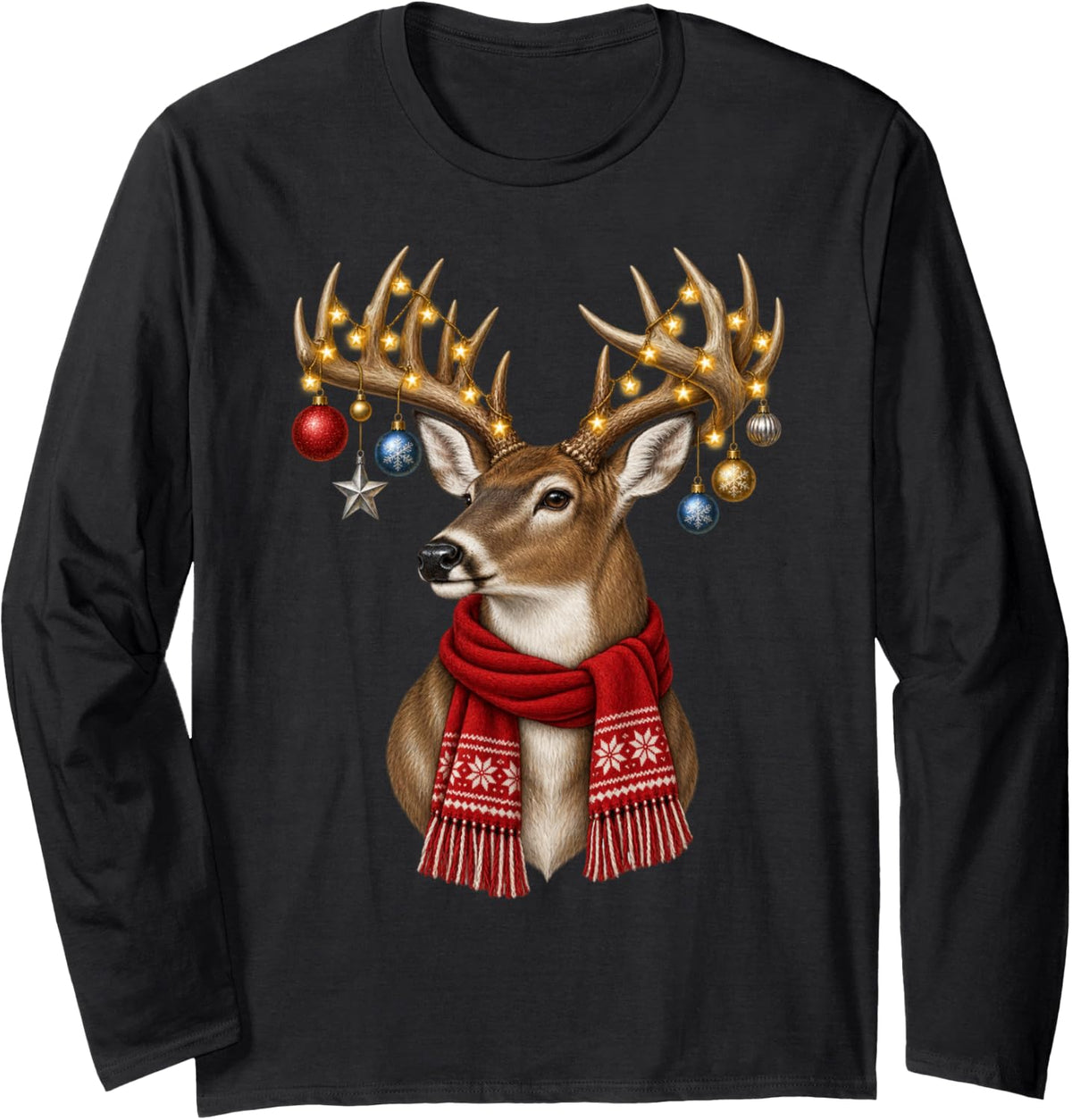Whitetail Buck Deer Christmas Star Lights Scarf Xmas Holiday Long Sleeve T-Shirt - Adult Unisex Black