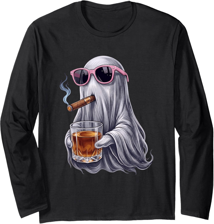Funny Ghost Cigar Whiskey Cool Halloween Spirit Long Sleeve T-Shirt - Adult Unisex Black