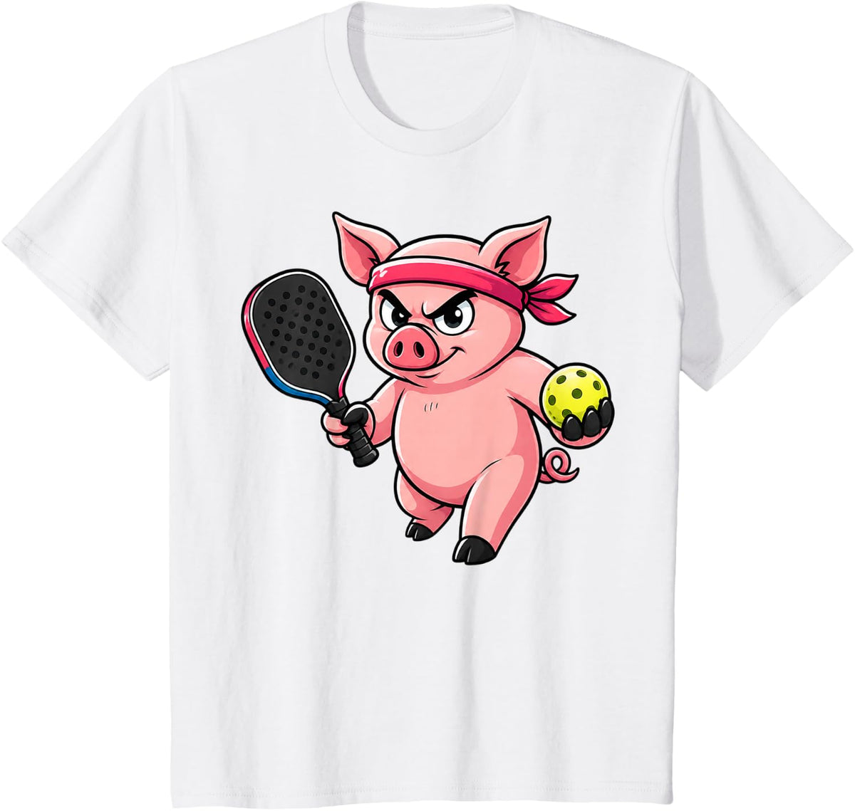 Pig Pickleball Player Wearing Headband Serious Competition T-Shirt - White