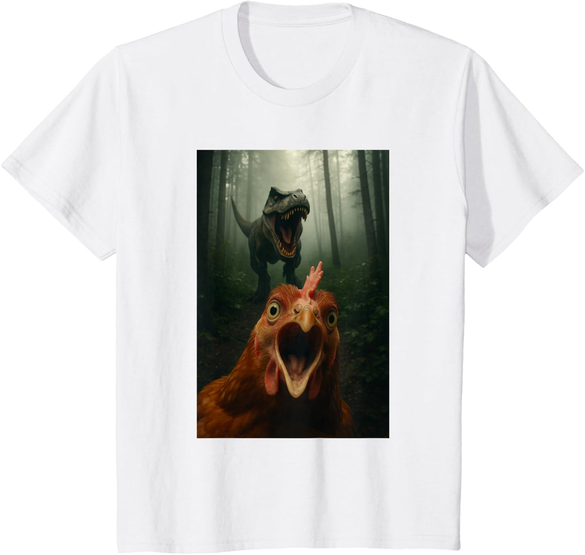 Funny Chicken Selfie With T-Rex Dinosaur Tees T Shirts For Men Women - White