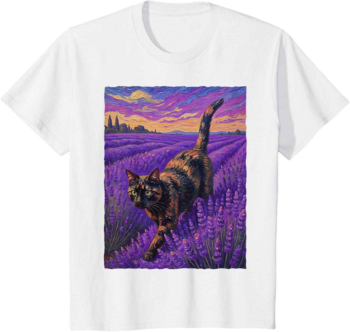 Tortoiseshell Tortie Cat Lavender Field Oil Painting T-Shirt - White