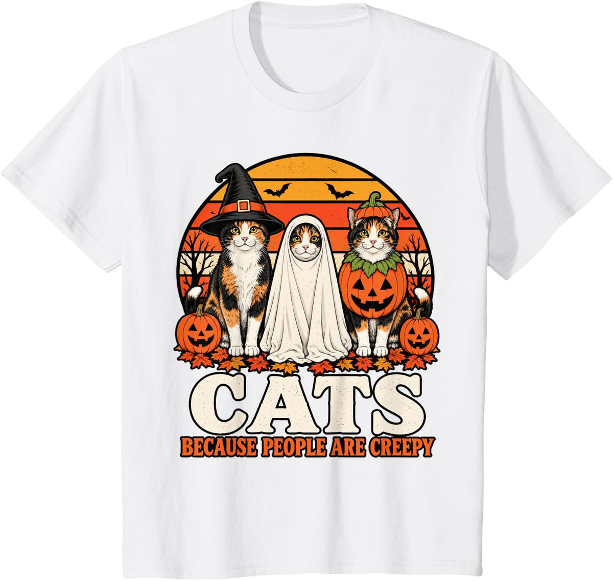 Cats Because People are Creepy Halloween Calico Cat T-Shirt - White
