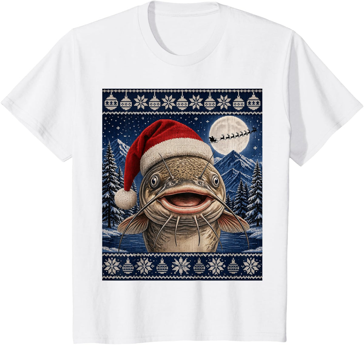 Catfish Fish Santa Ugly Christmas T-Shirt - White