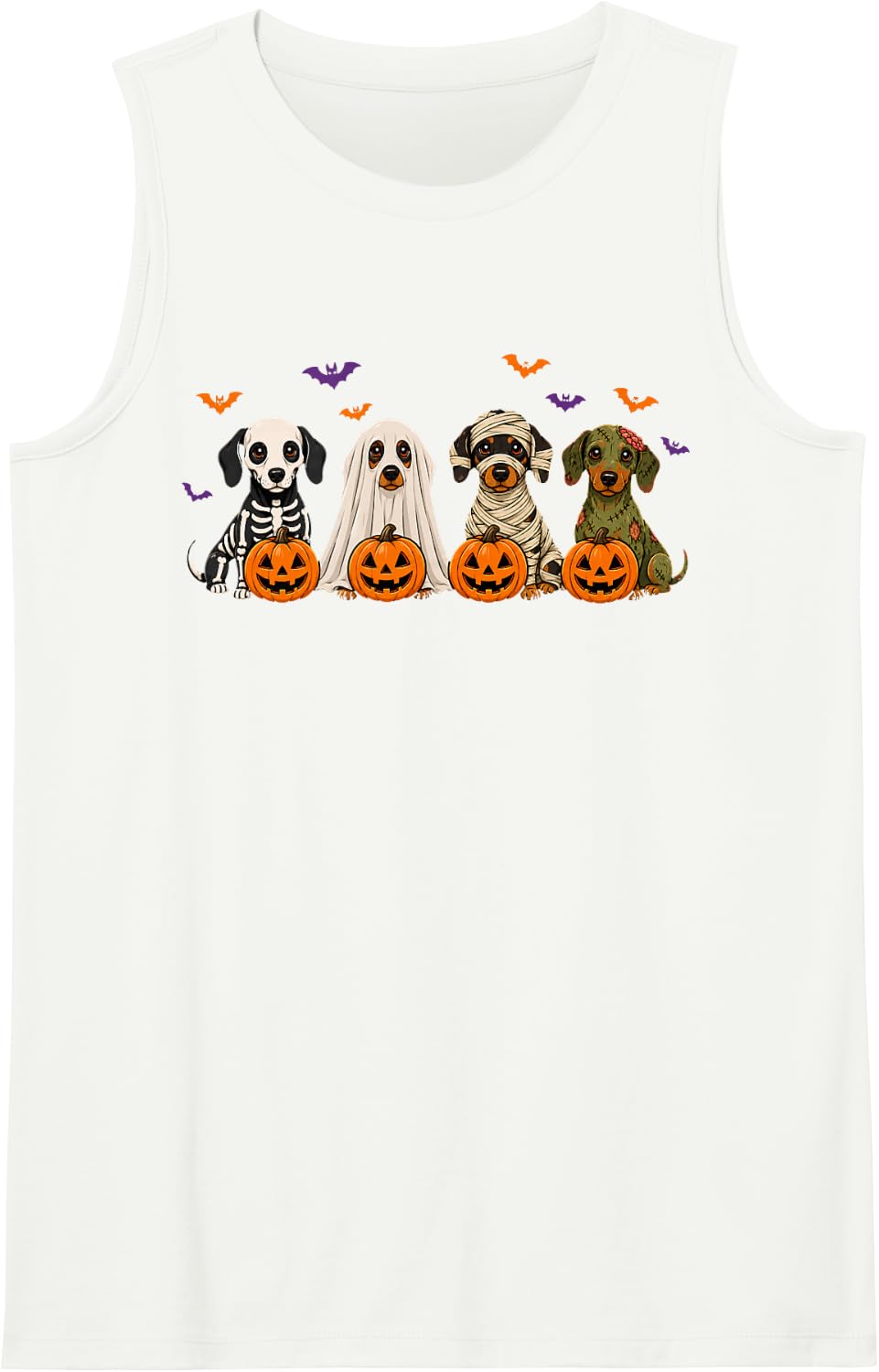 Spooky Dachshund Dog Ghost Pumpkin Skeleton Mummy Halloween Sleeveless Tank Top - White