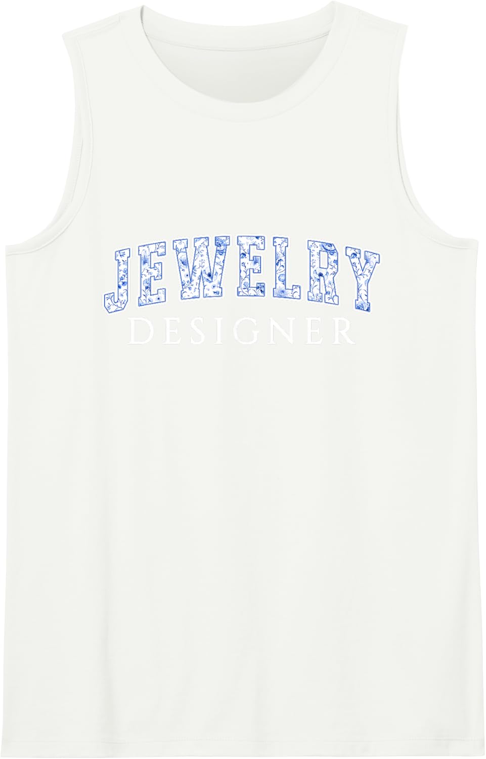 Jewelry Designer Blue Floral Varsity Letters Jeweler Sleeveless Tank Top - White
