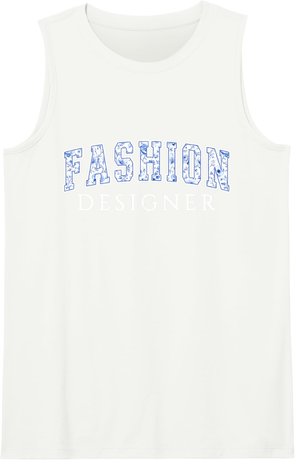Fashion Designer Blue Floral Varsity Letters Stylist Sleeveless Tank Top - White