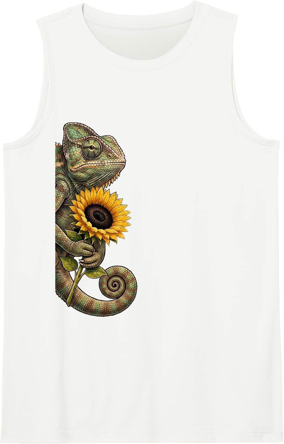 Chameleon Sunflower Peeking from Side Wildlife Animal Sleeveless Tank Top - White