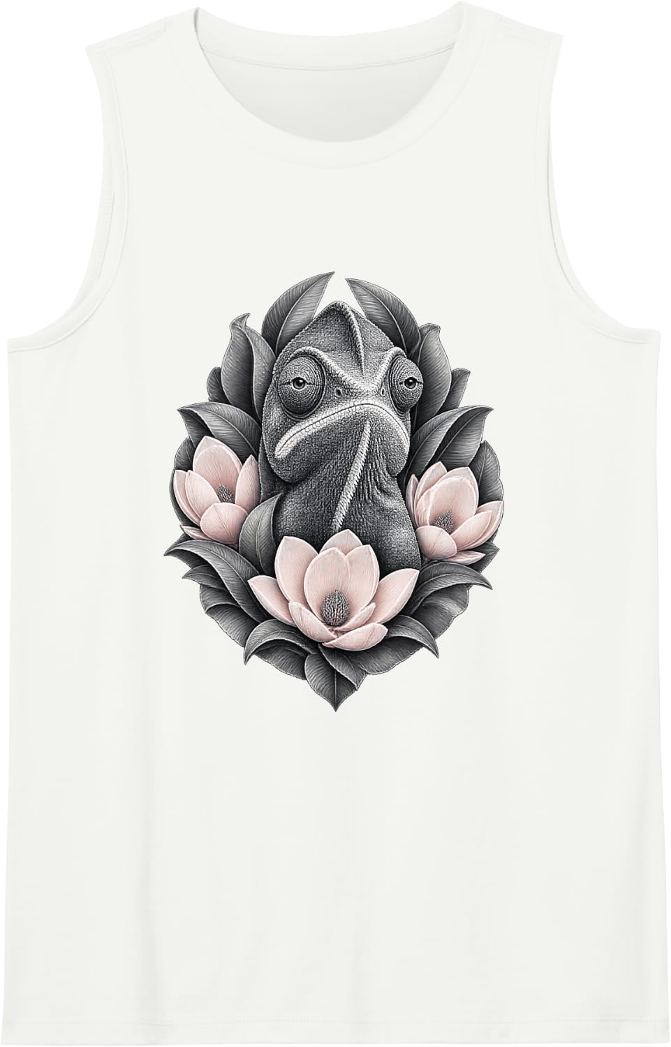 Chameleon with Magnolia Flowers and Botanical Leaves Sleeveless Tank Top - White