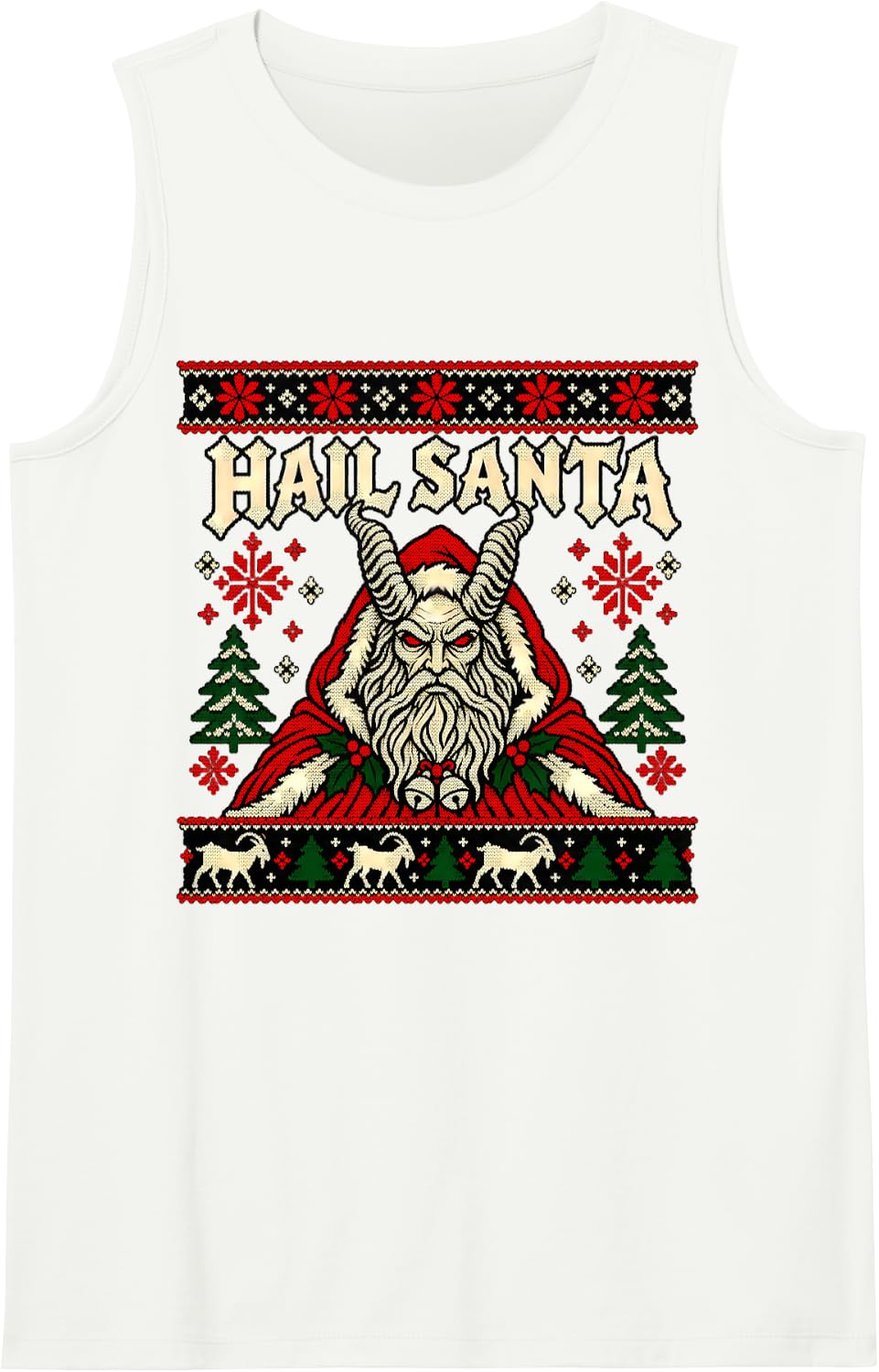 Hail Santa Krampus Yule Winter Solstice Goth Ugly Christmas Sleeveless Tank Top - White