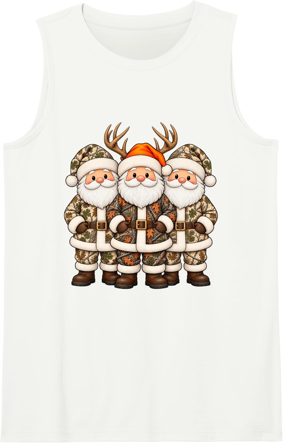 Camo Santa Trio Deer Hunting Christmas Outdoor Holiday Men Sleeveless Tank Top - White