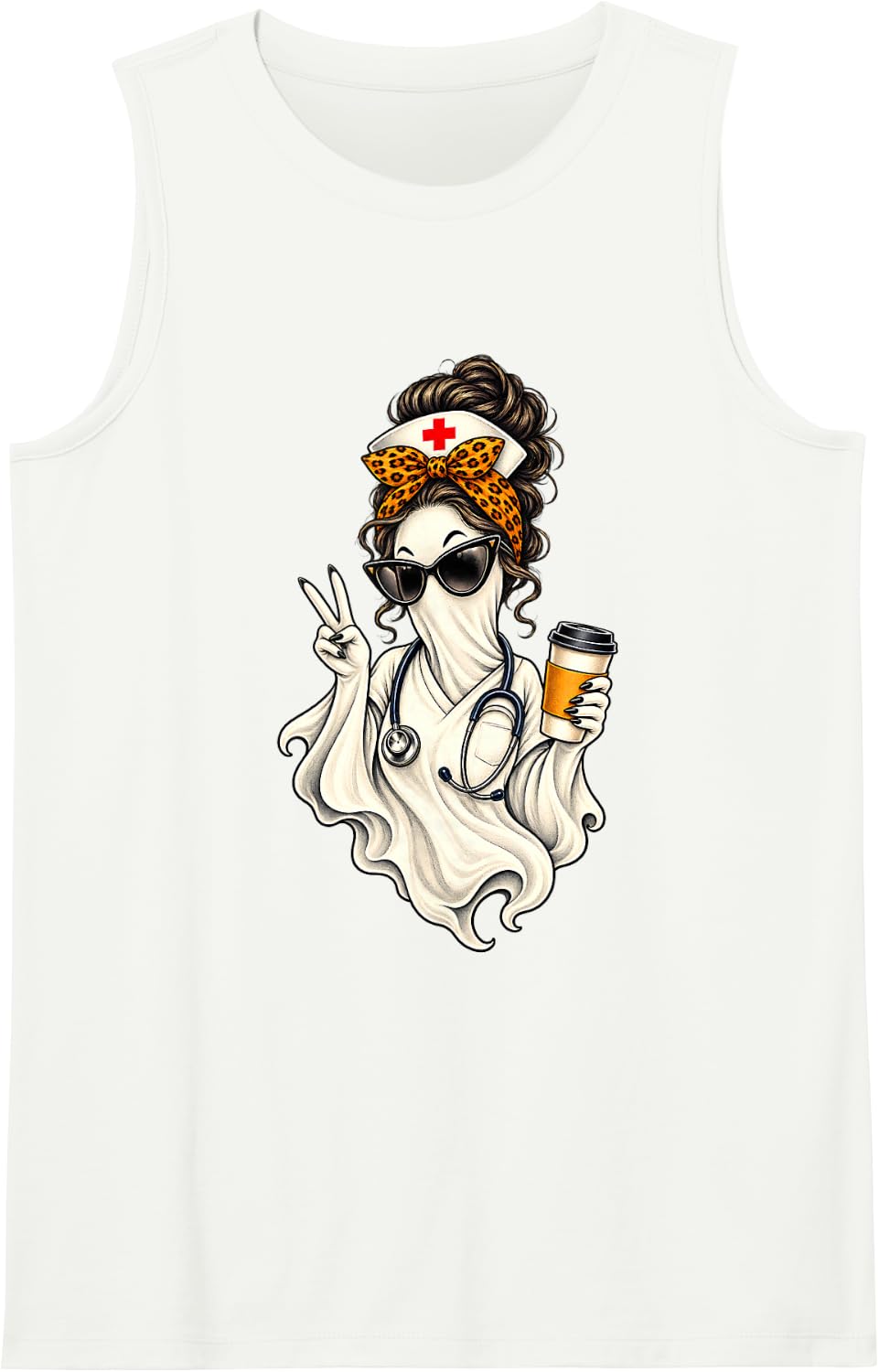 Vintage Ghost Nurse Leopard Bow Coffee Lover Halloween Tank Top - White