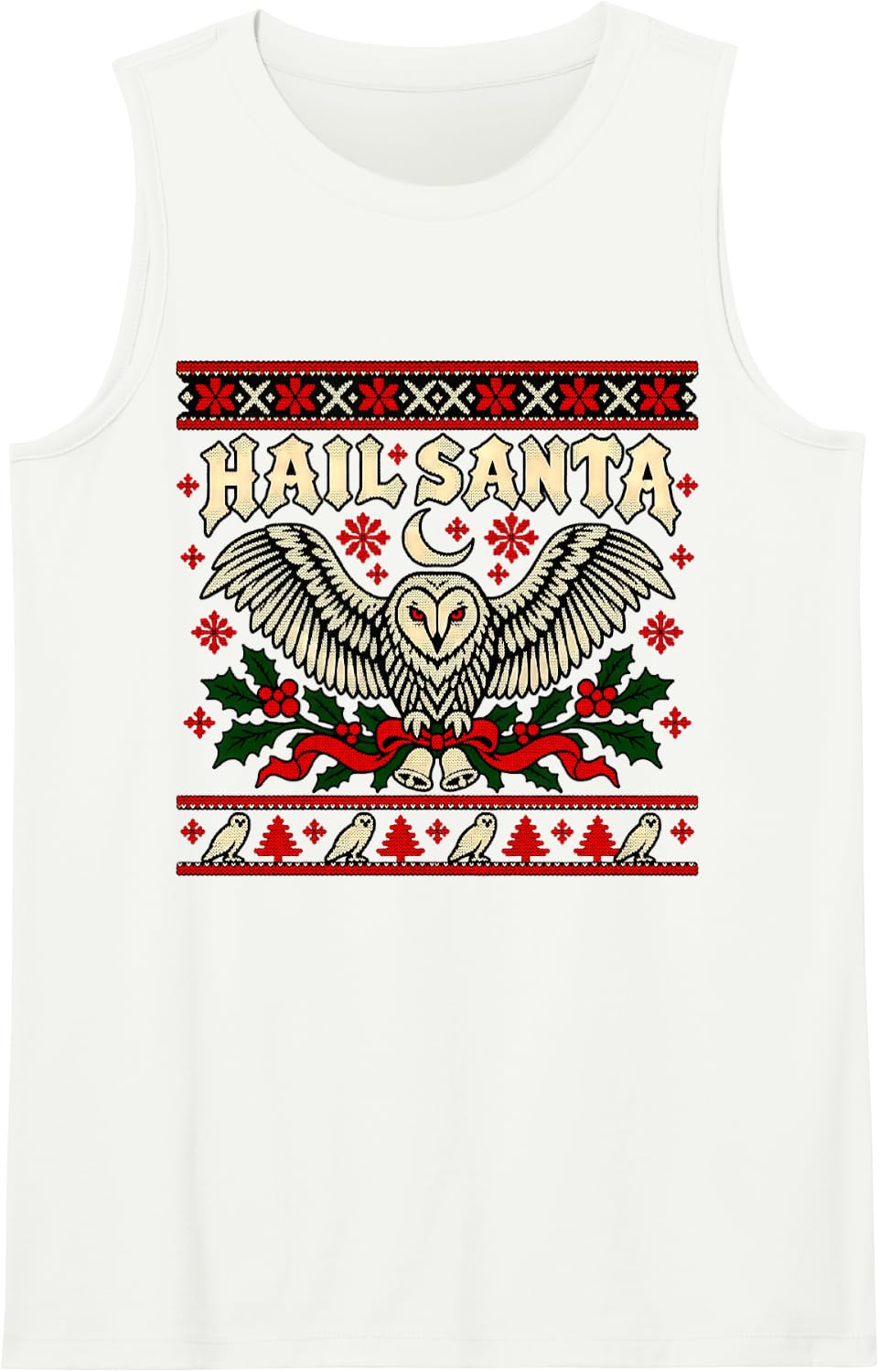 Hail Santa Pagan Owl Winter Solstice Gothic Ugly Christmas Sleeveless Tank Top - White