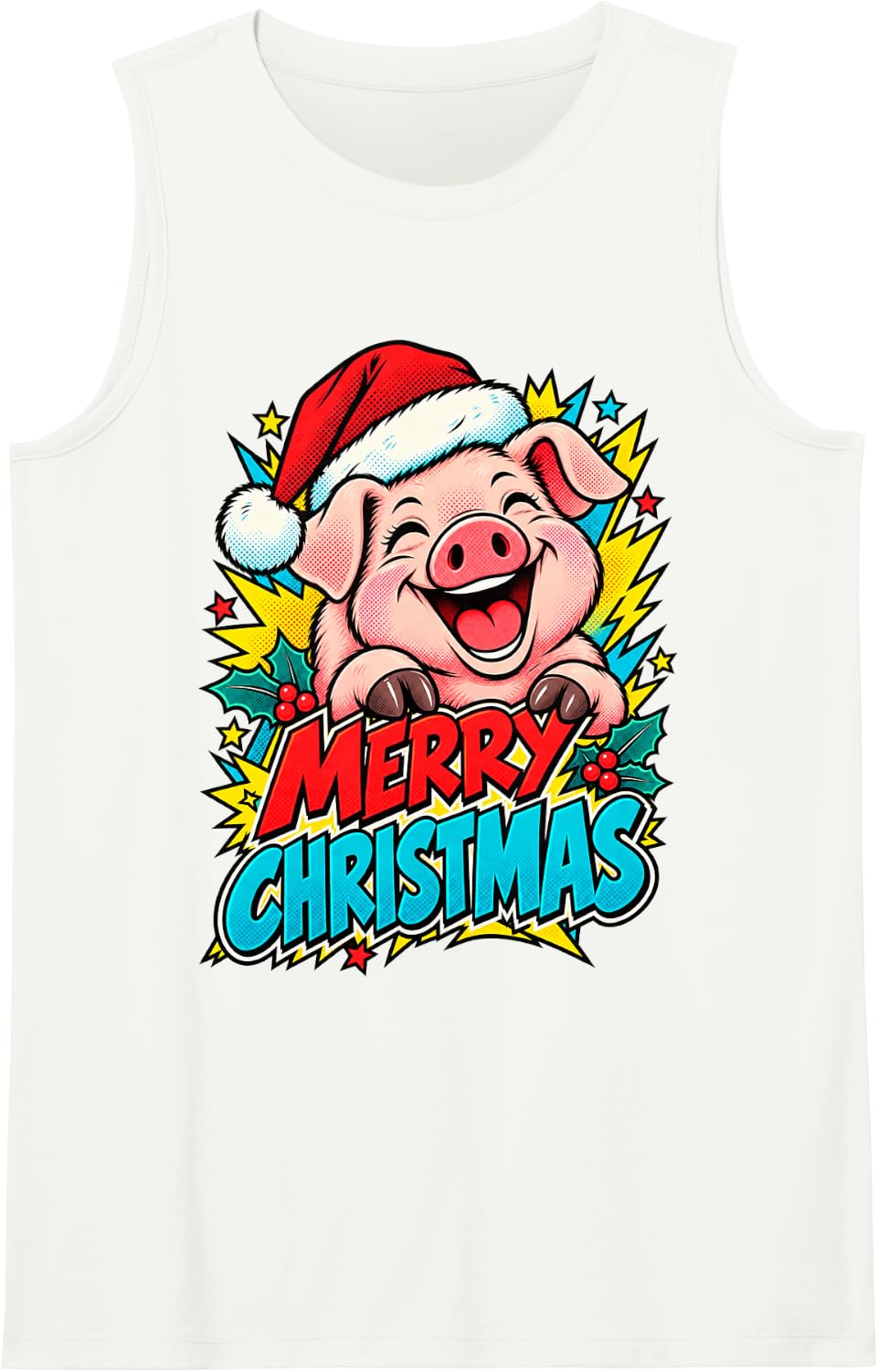 Merry Christmas Smiling Pig Pop Art Santa Men Women Kids Sleeveless Tank Top - White