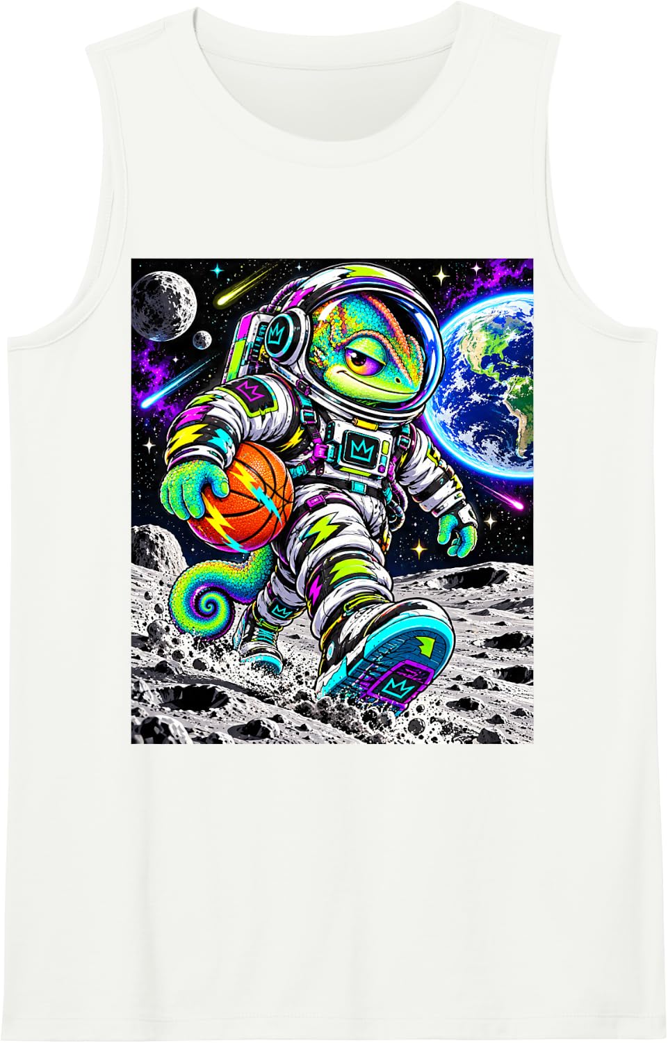 Astronaut Chameleon Basketball Moon Space Adventure Art Sleeveless Tank Top - White