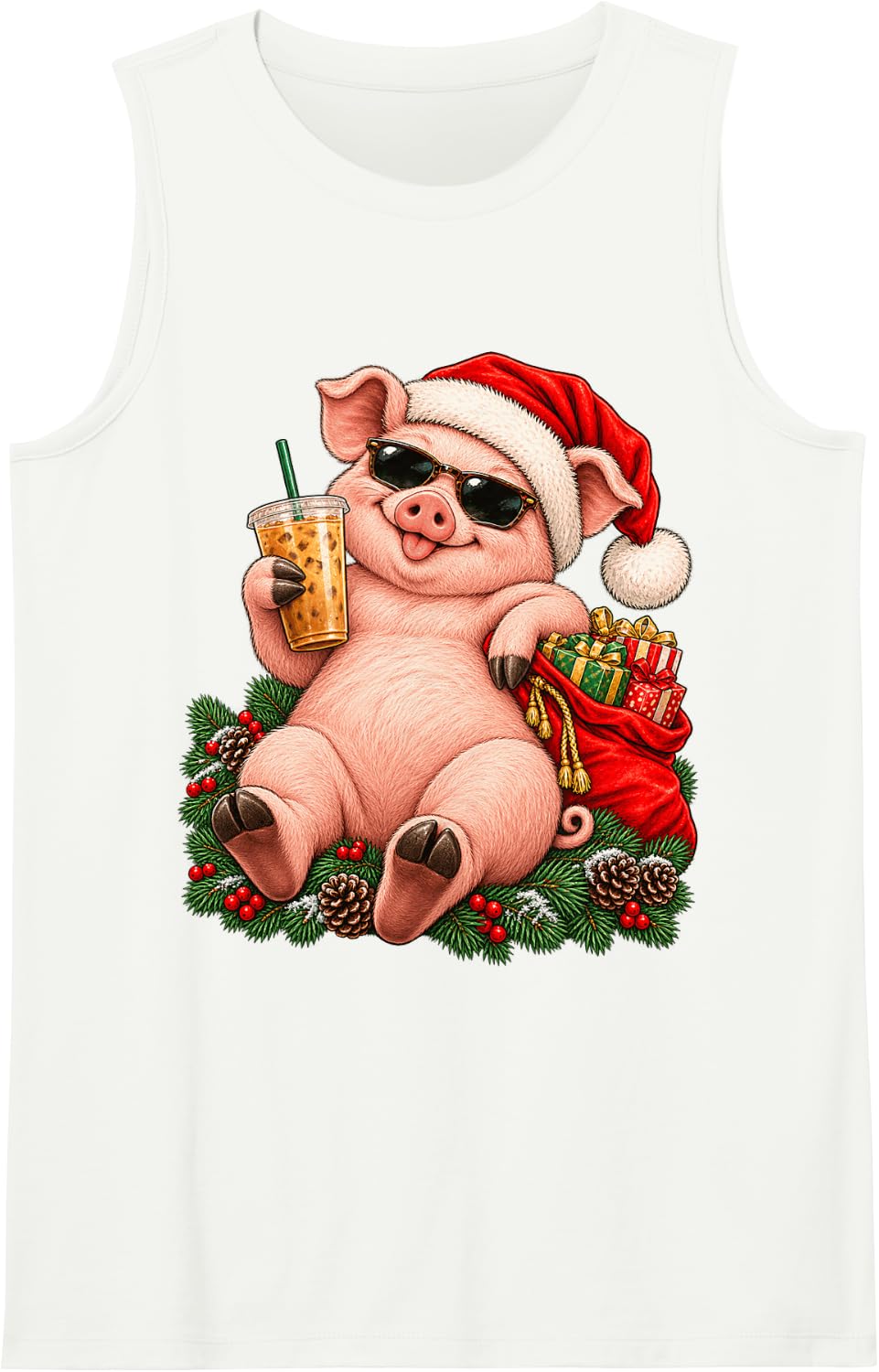 Smiling Pig Christmas Iced Coffee Sunglasses Holiday Funny Sleeveless Tank Top - White