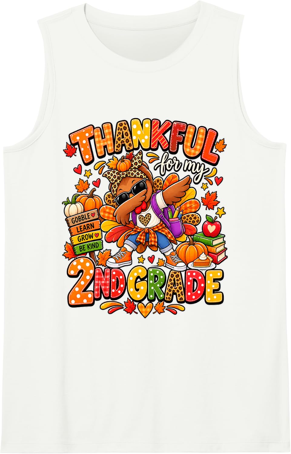 Turkey Fall Thanksgiving Teacher Thankful for My 2nd Grade Sleeveless Tank Top - White