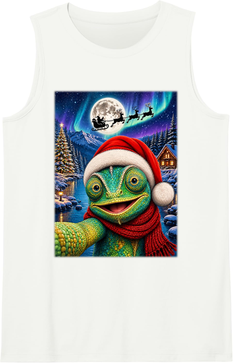 Chameleon Christmas Selfie Full Moon Night Santa Sleigh Xmas Tank Top - White