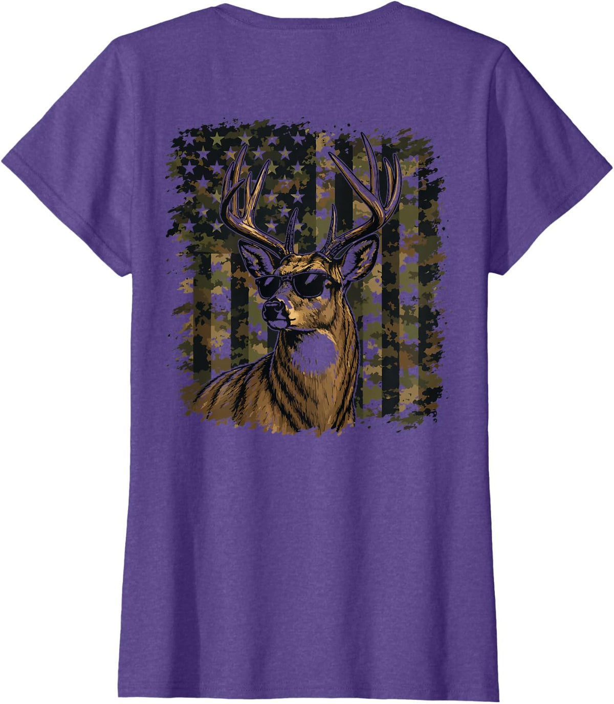 Youth Boy Camo Deer Hunting Whitetail Buck Hunter on Back T-Shirt - Purple Heather