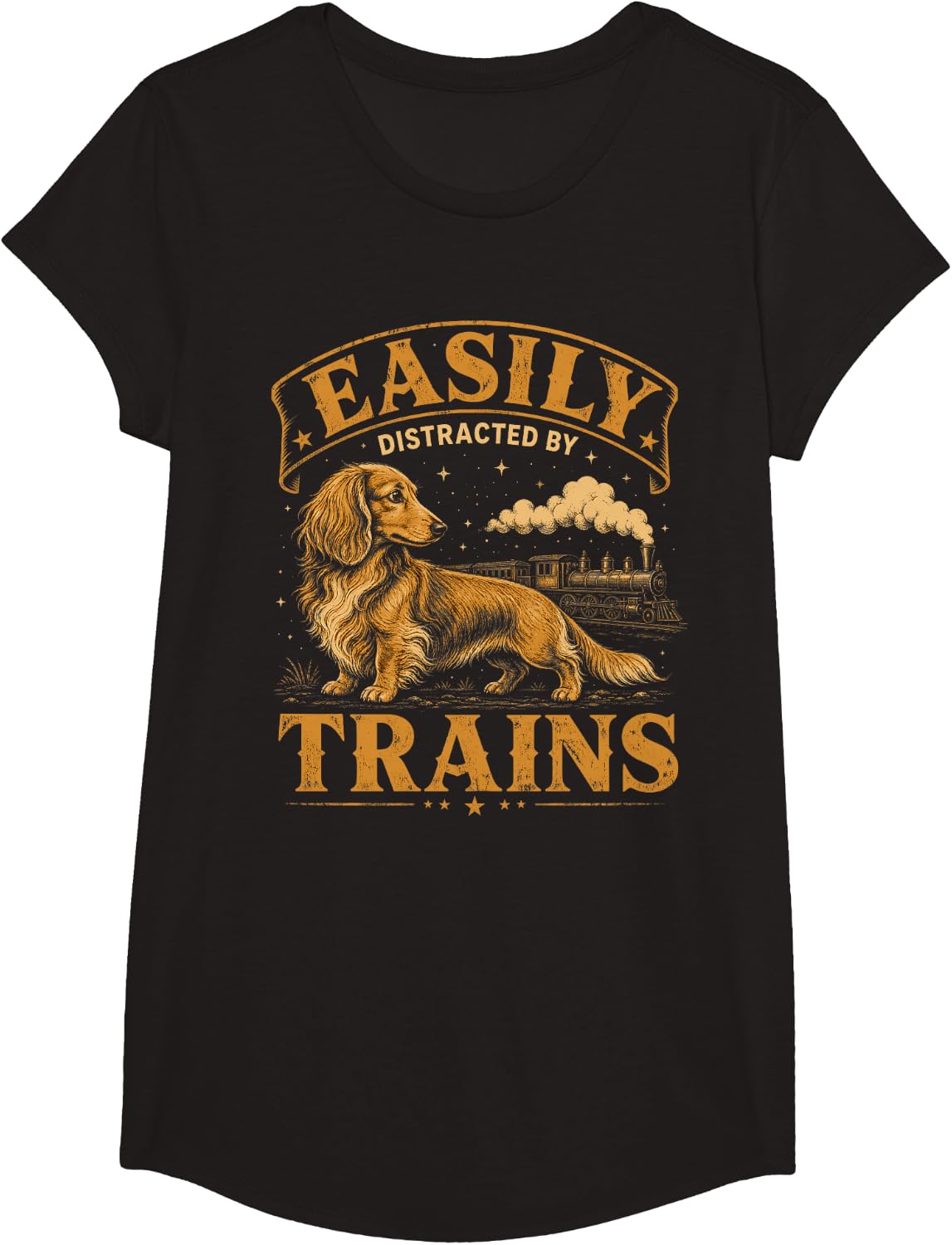 Easily Distracted By Trains Model Trains Dachshund T-Shirt - Girls Black