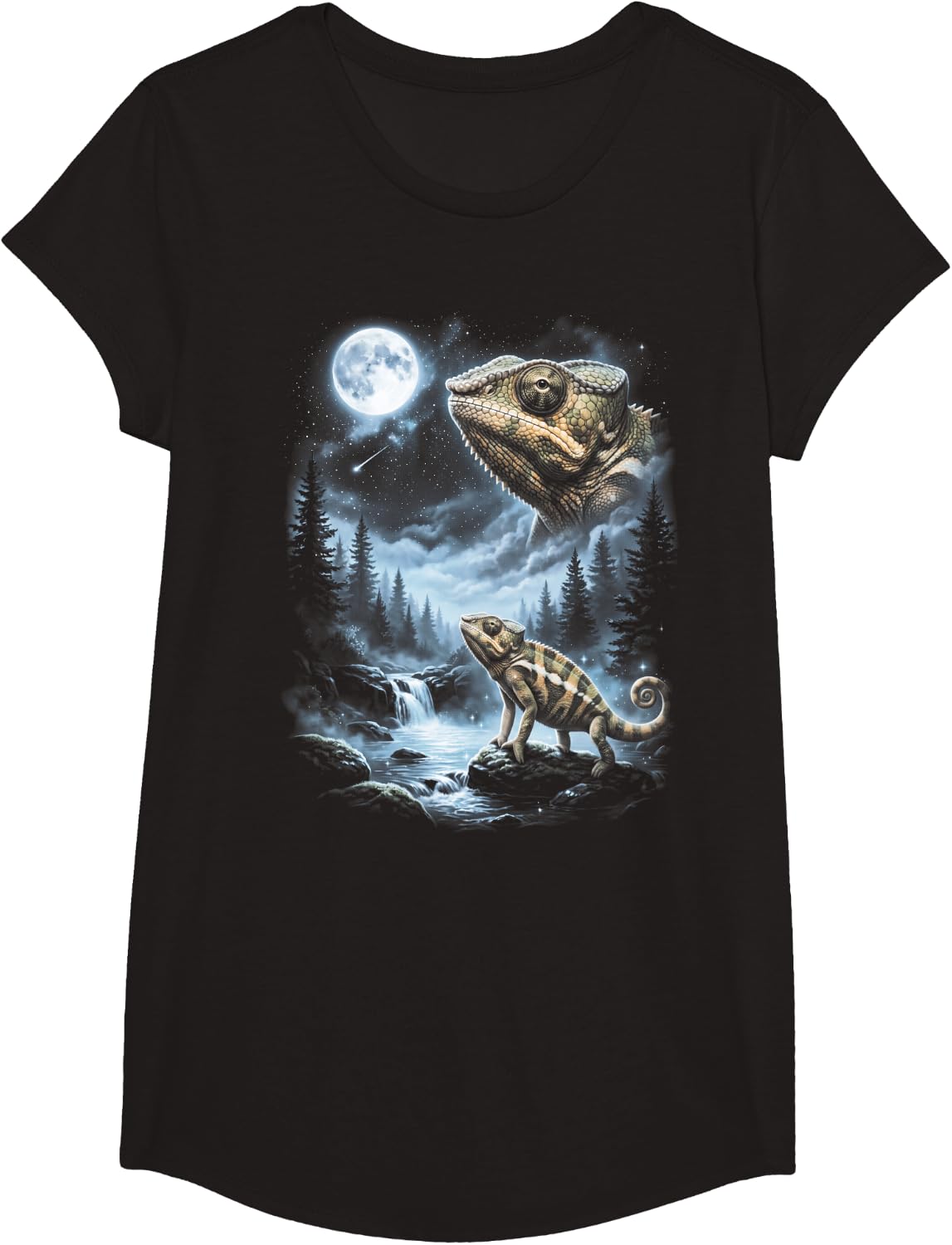 Chameleon Howling at Moon 90's Retro Lizard T-Shirt - Girls Black