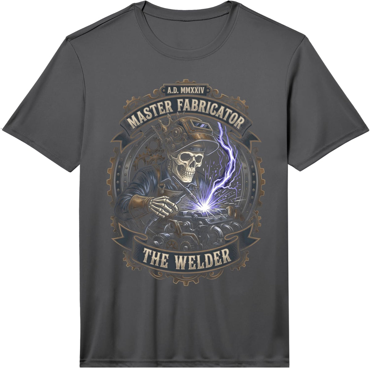 Master Fabricator The Welder Vintage Steampunk Skeleton Logo Performance T-Shirt - Asphalt Grey