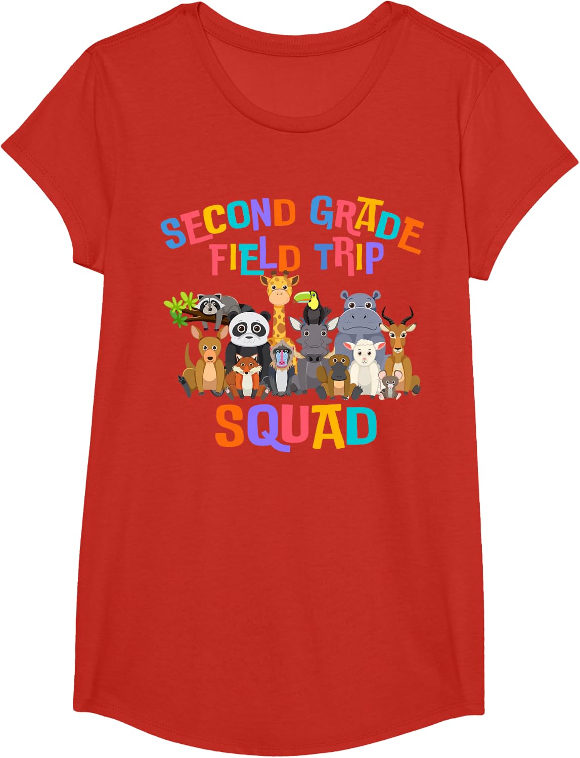 2nd Second Grade Field Day Trip Squad 2025 Funny Zoo Animal T-Shirt - Girls Red