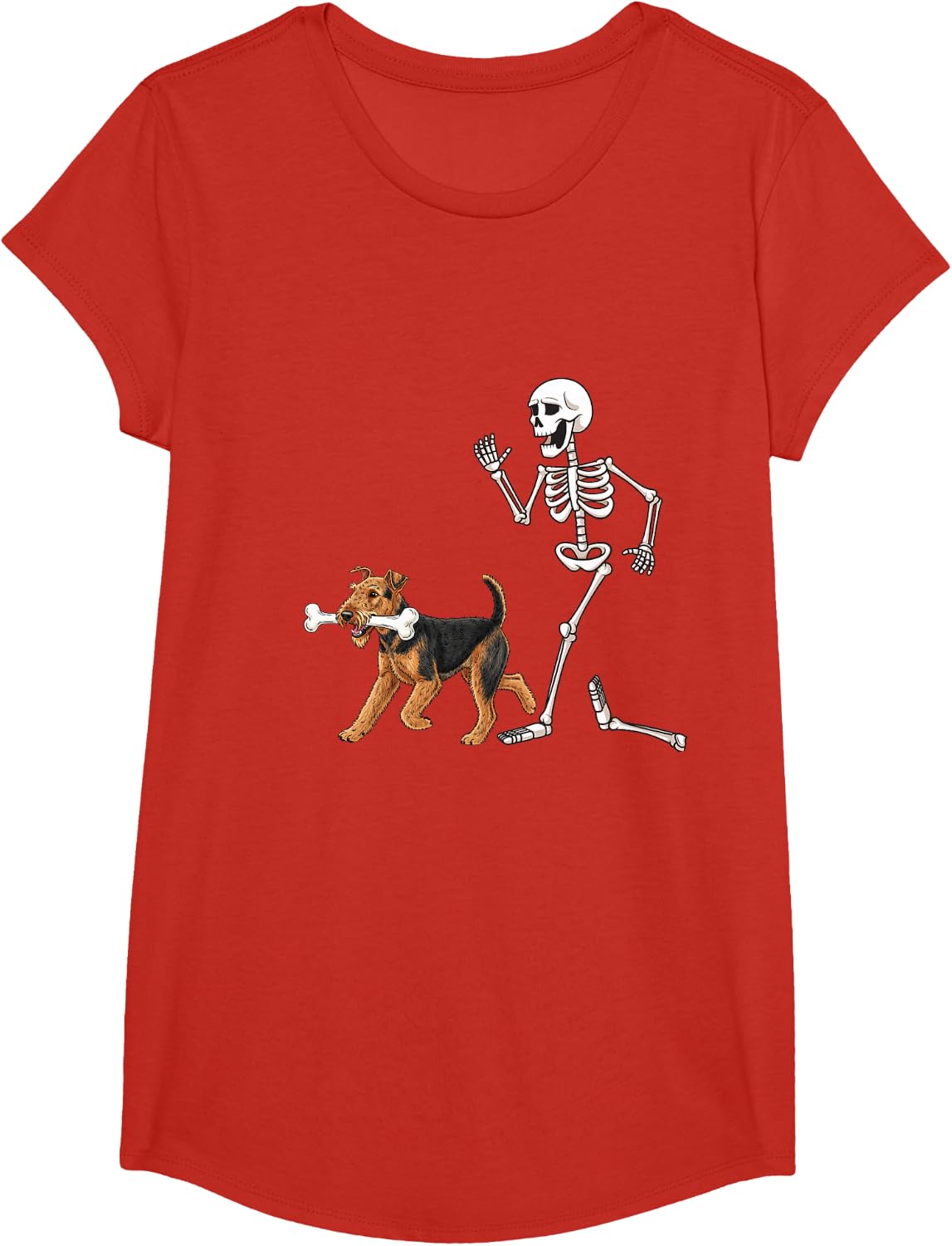 Funny Halloween Airedale Terrier and Skeleton T-Shirt - Girls Red