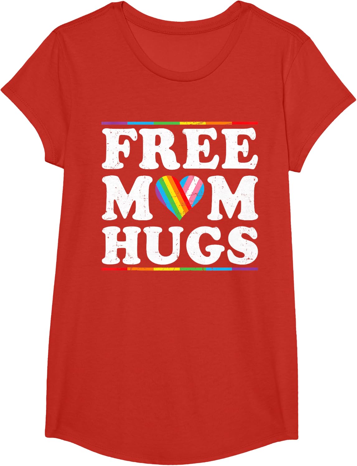 Free Mom Hugs Rainbow Heart Transgender Love LGBT Gay Pride T-Shirt - Girls Red