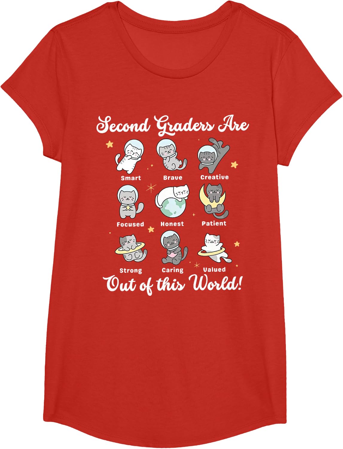 Second Grade are Out of This Word Astronaut Cat Space Teach T-Shirt - Girls Red