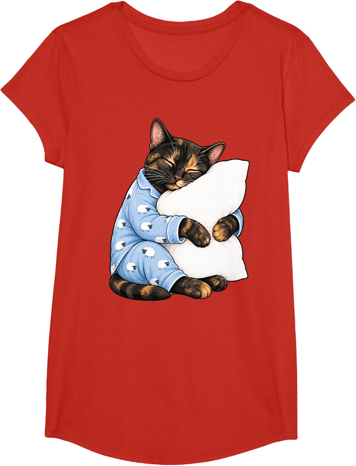 Tortoiseshell Cat Sleeping in Cute Pajamas Sleep T-Shirt - Girls Red
