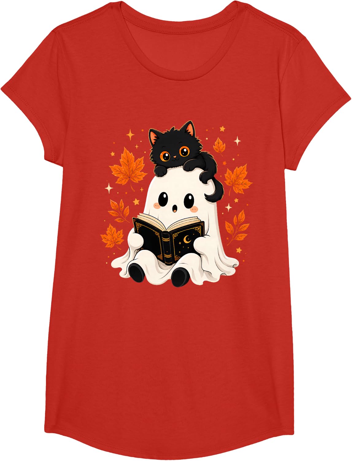 Ghost Reading Book Black Cat Lovers Autumn Fall Halloween T-Shirt - Girls Red
