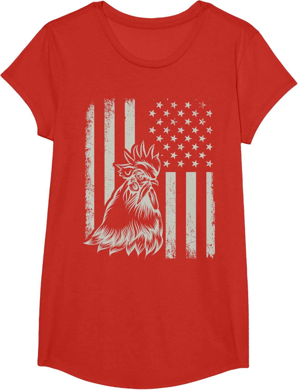 Proud Patriotic Chicken Rooster Farmer Lover American Flag T-Shirt Tee - Girls Red
