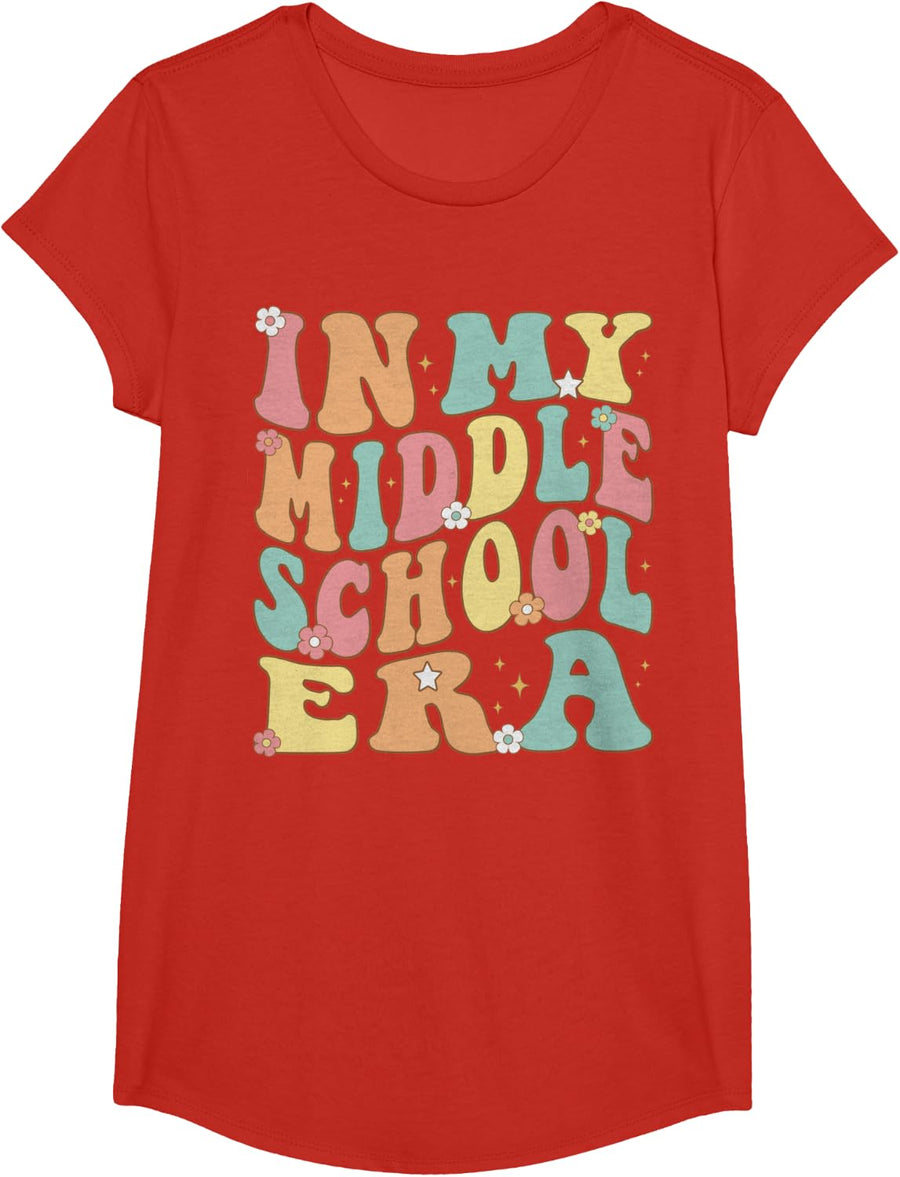 In My Middle School Era Groovy First Day Of Junior teacher Men Women Girls Kids T-Shirt - Girls Red