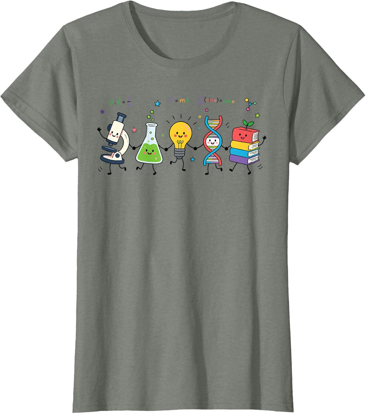 Science Teacher Doodle Characters Biology Chemistry School T-Shirt - Olive Heather