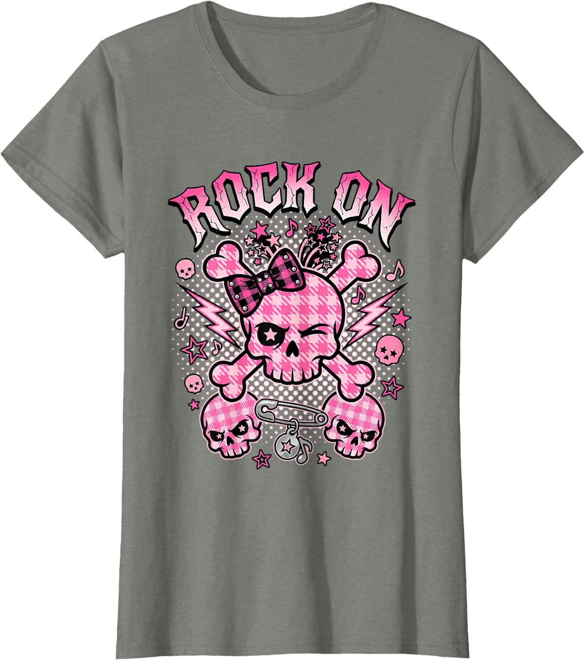 Rock On Pink Skull Bow Crossbones Emo Y2K Aesthetic T-Shirt - Olive Heather