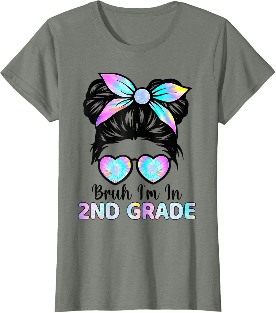 Bruh I’m in 2nd Grade Messy Bun First Day Back to School T-Shirt - Olive Heather