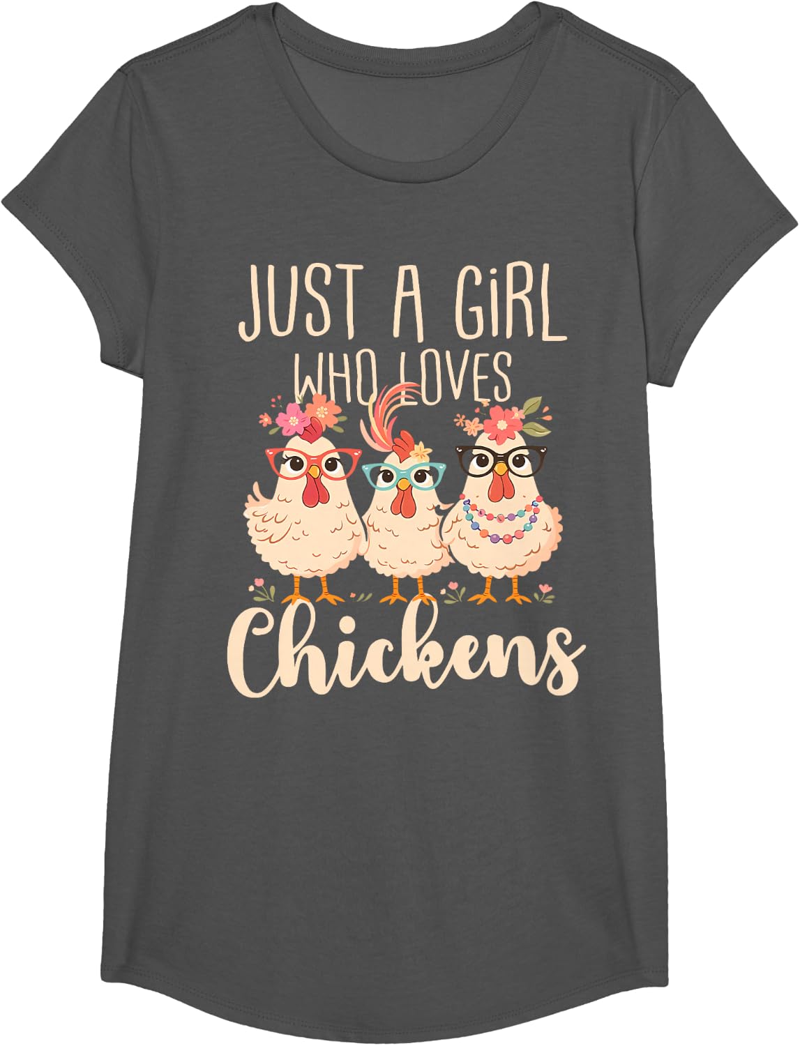 Just A Girl Who Loves Chickens Cute Floral Animals Lover T-Shirt - Girls Asphalt Grey