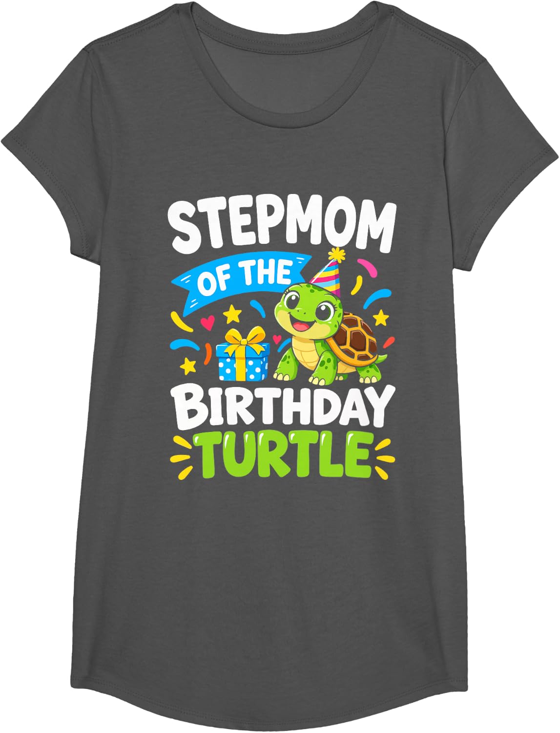 Stepmom of the Birthday Turtle Funny Cute Turtle Family T-Shirt - Girls Asphalt Grey
