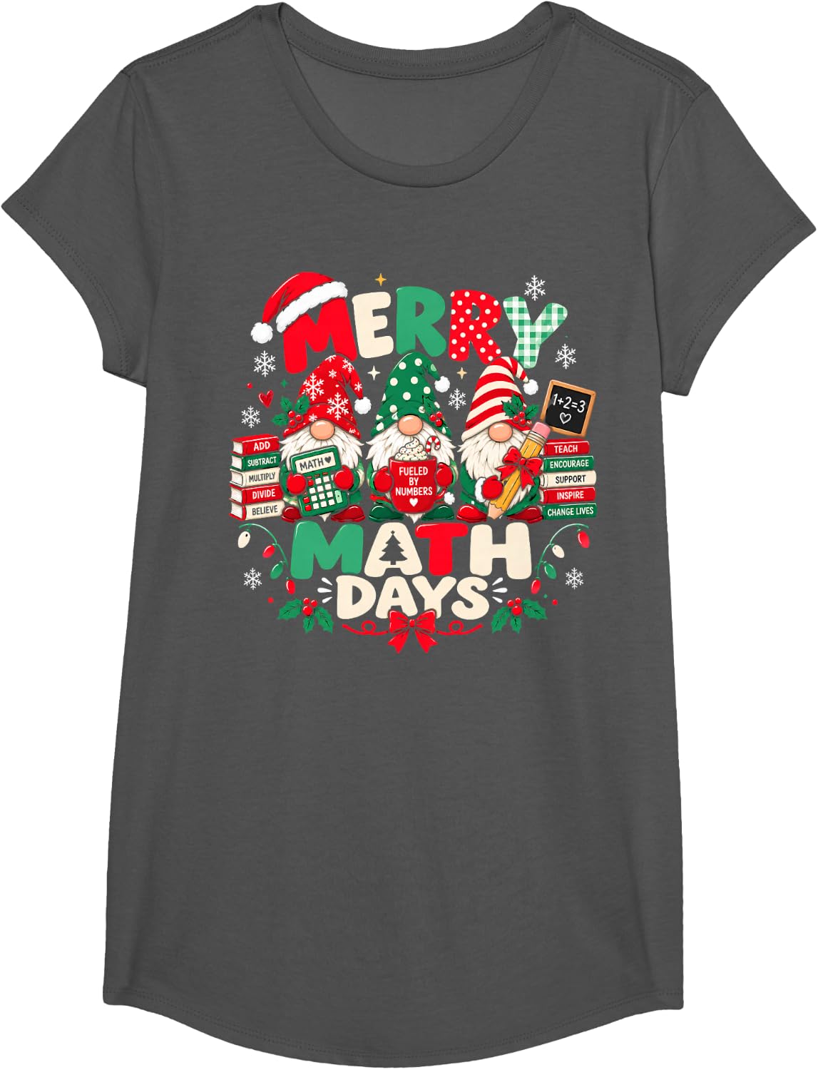 Merry Math Days Christmas Xmas Teacher Kids Gnome School T-Shirt - Girls Asphalt Grey