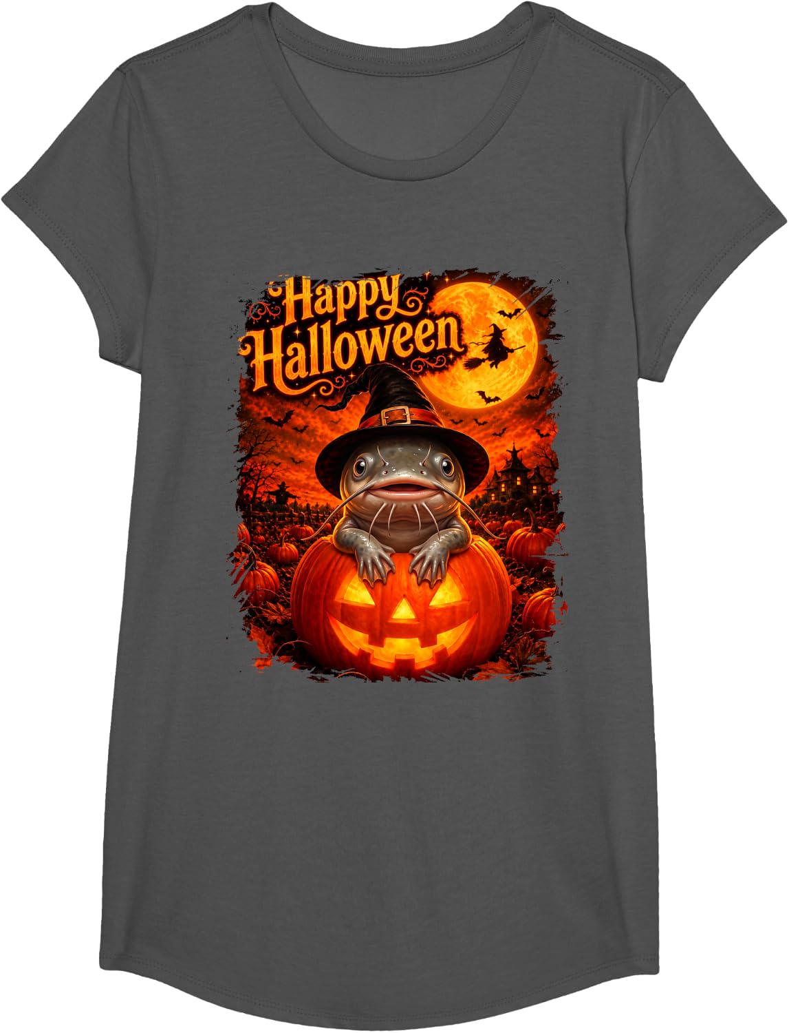 Cute Catfish Fish Happy Halloween Night T-Shirt - Girls Asphalt Grey
