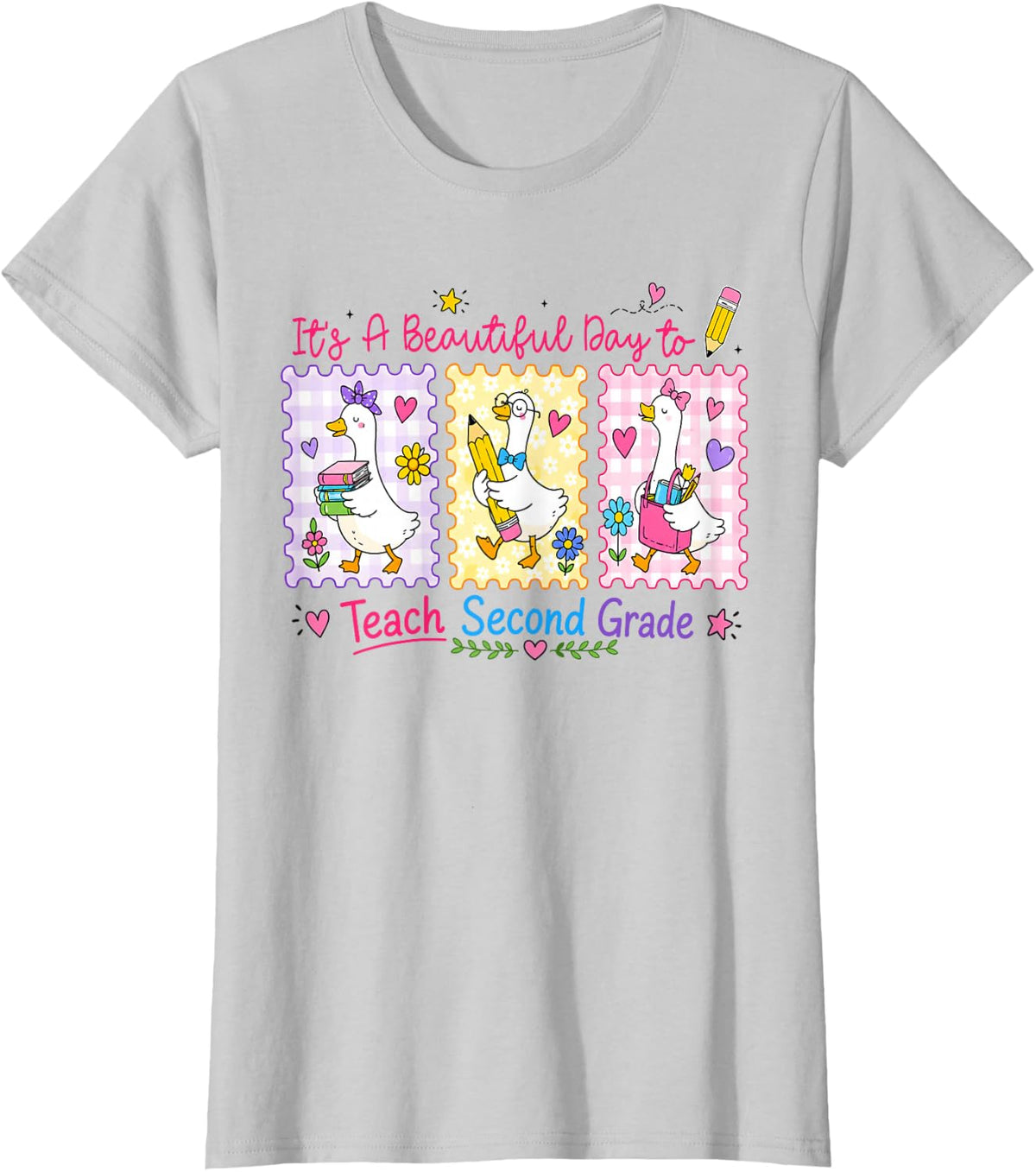 Cute Goose It's A Beautiful Day to Teach 2nd Grade Teacher T-Shirt - Silver Grey