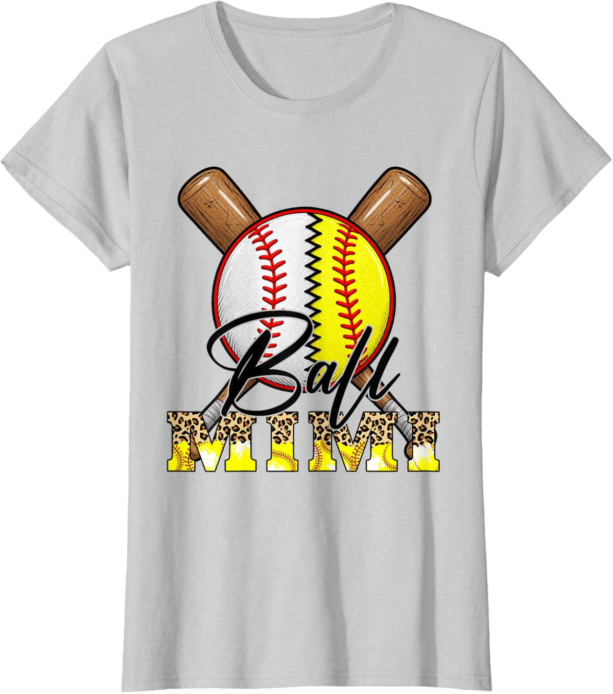 Ball Mimi Leopard Baseball Softball Heart T-Shirt - Silver Grey